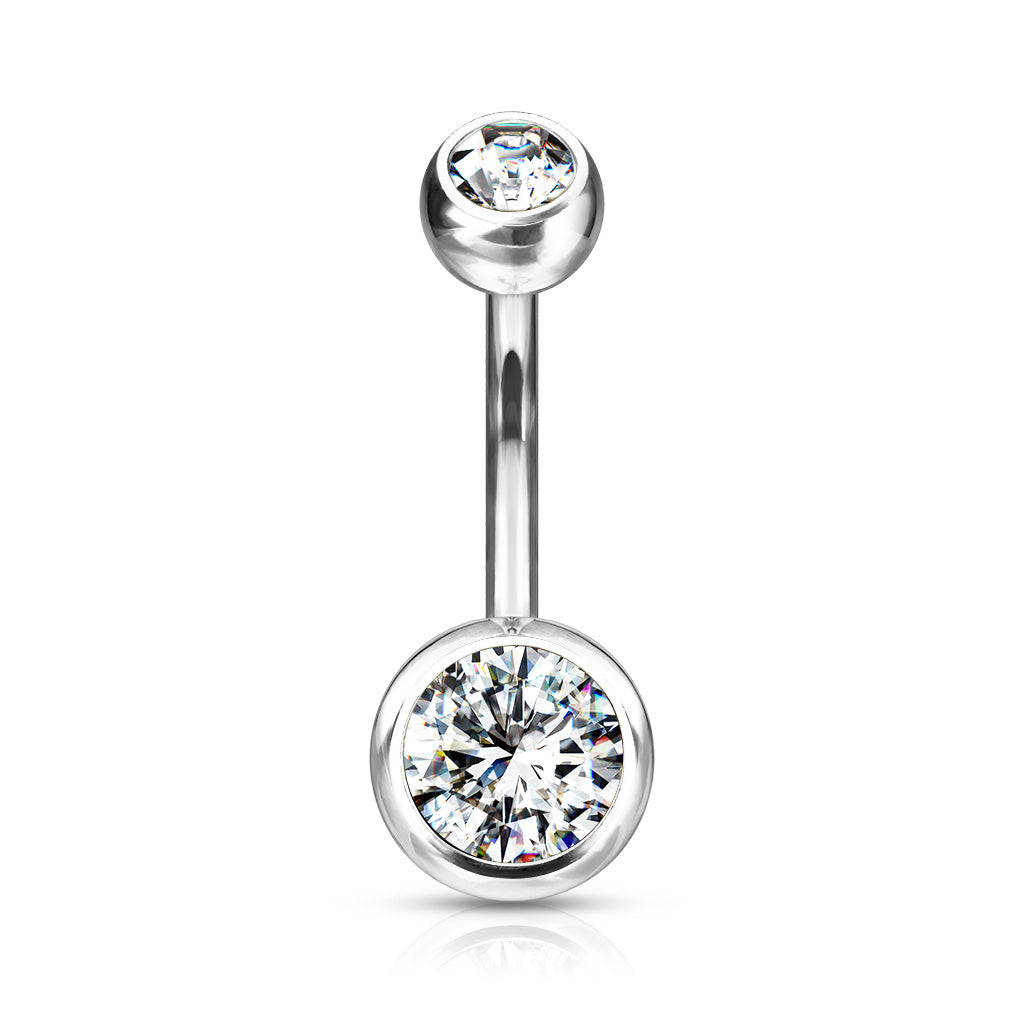 Implant Grade Titanium Externally Threaded Double CZ Bezel Set Belly Button Ring