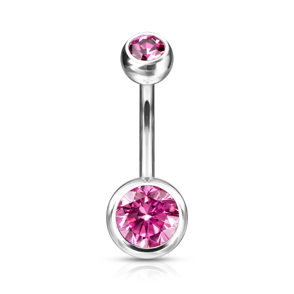 Implant Grade Titanium Externally Threaded Double CZ Bezel Set Belly Button Ring