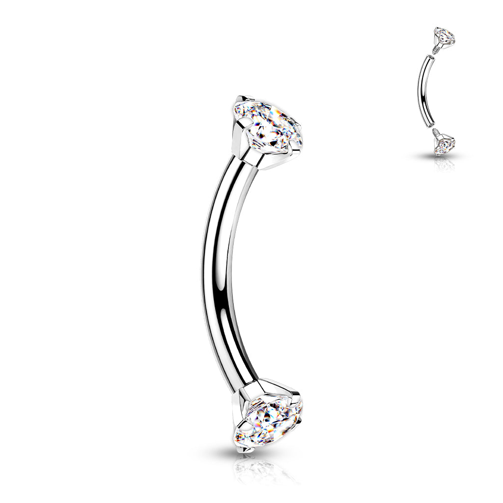 Implant Grade Titanium Internally Threaded Curved Barbell With Prong Set CZ Ends
