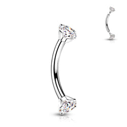 Implant Grade Titanium Internally Threaded Curved Barbell With Prong Set CZ Ends