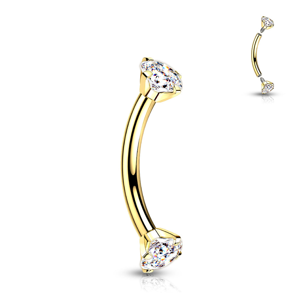 Implant Grade Titanium Internally Threaded Curved Barbell With Prong Set CZ Ends