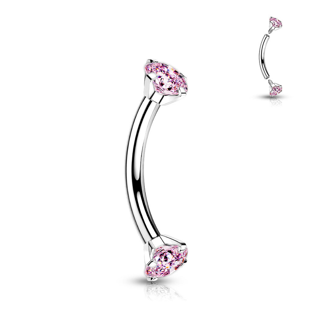 Implant Grade Titanium Internally Threaded Curved Barbell With Prong Set CZ Ends