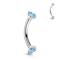 Implant Grade Titanium Internally Threaded Curved Barbell With Prong Set CZ Ends