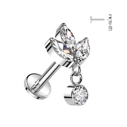 16G Titanium Internally Threaded W/ 3 Marquise Dangle Top For Ear Piercings