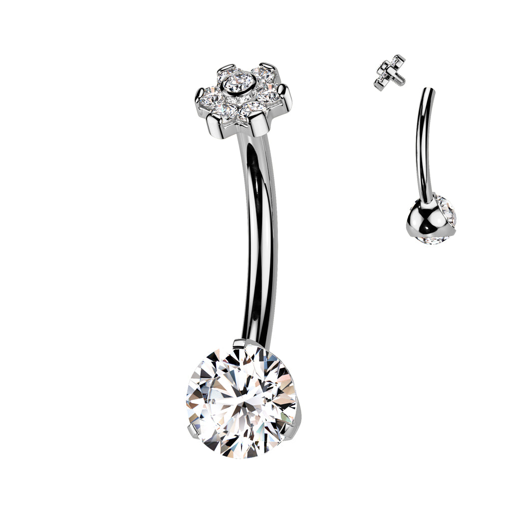 Implant Grade Titanium Internally Threaded Prong CZ Flower Belly Button Ring