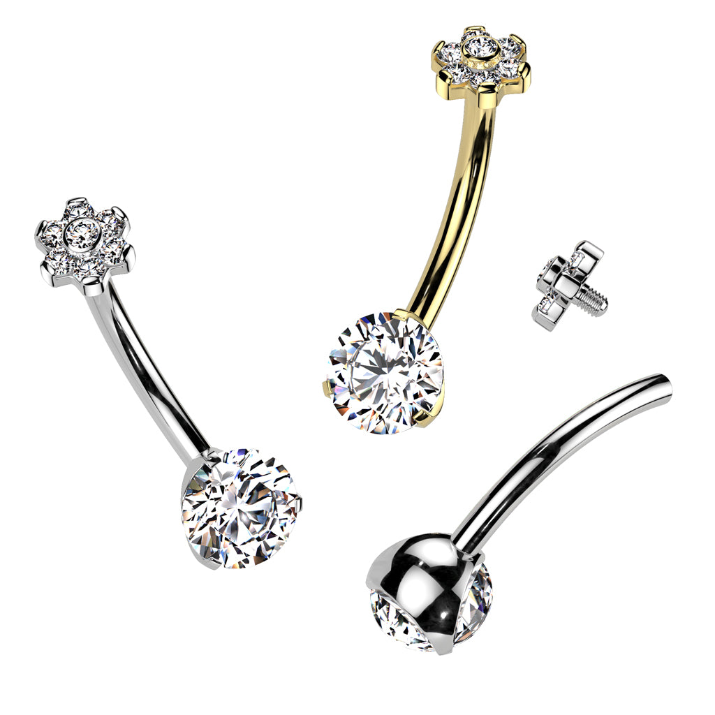 Implant Grade Titanium Internally Threaded Prong CZ Flower Belly Button Ring