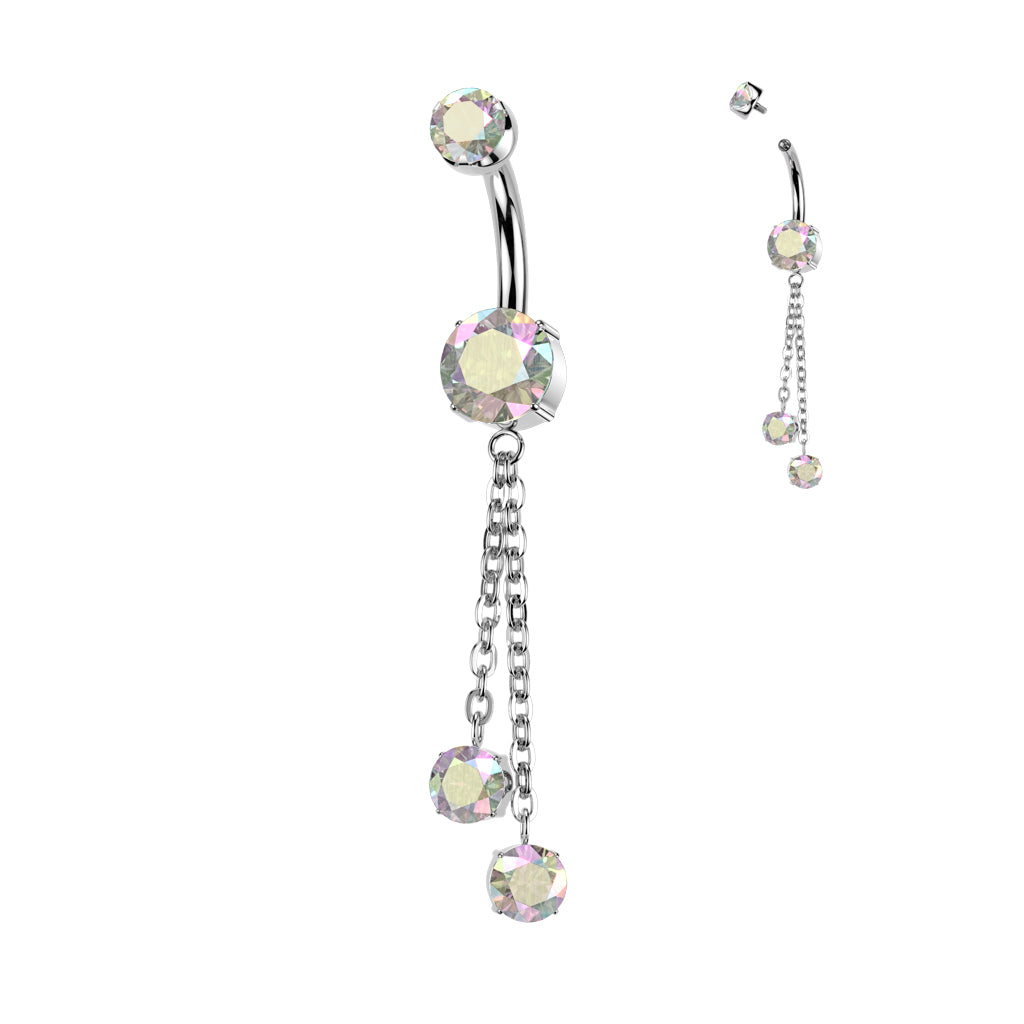 14G Titanium Internally Threaded (10mm) Belly Button Ring With Double Round Chain Dangle