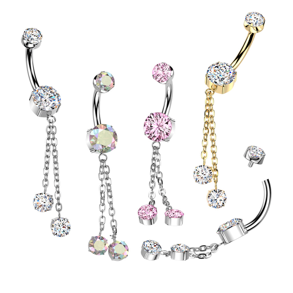 14G Titanium Internally Threaded (10mm) Belly Button Ring With Double Round Chain Dangle