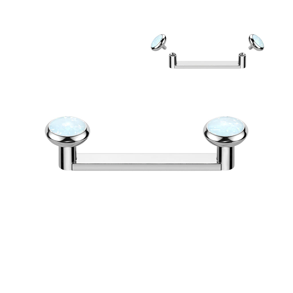 Implant Grade Titanium Internally Thread Flat Surface Barbell With 2mm Rise and Titanium Flat Bezel Set Opal Tops