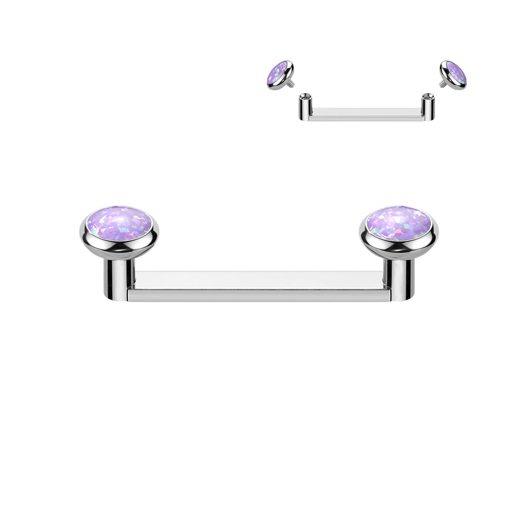 Implant Grade Titanium Internally Thread Flat Surface Barbell With 2mm Rise and Titanium Flat Bezel Set Opal Tops