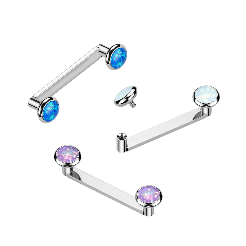Implant Grade Titanium Internally Thread Flat Surface Barbell With 2mm Rise and Titanium Flat Bezel Set Opal Tops