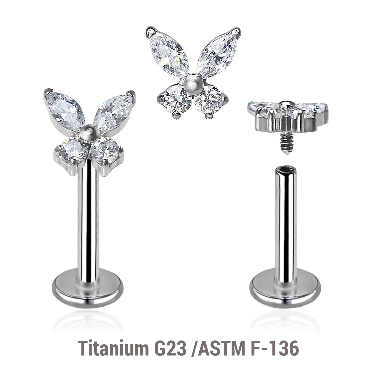 16G Titanium (Internally Threaded) Labret W/ Butterfly Top